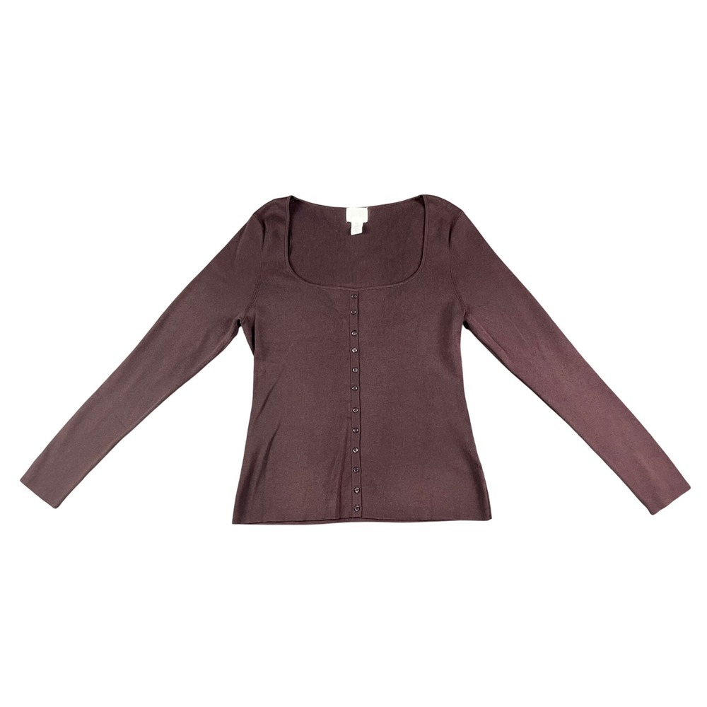 HM Womens Brown Square Neck Long Sleeve Ribbed Knit Button Front Top Large